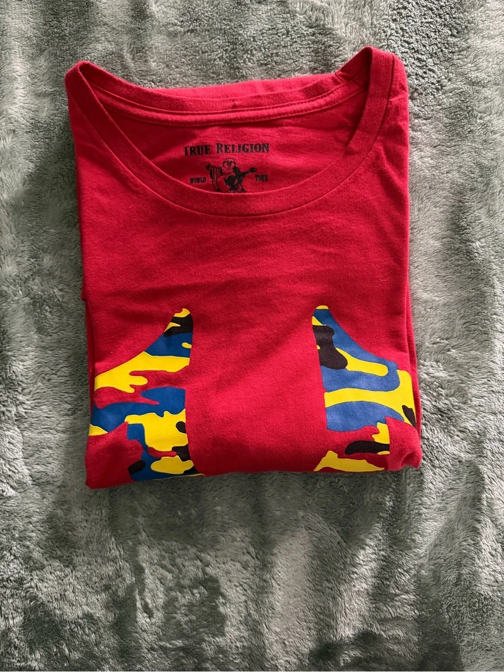 True Religion Red Short Sleeve Tee with Yellow & Blue Camo Horseshoe